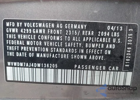 2013 Volkswagen Golf 2.0L Tdi 4-Door z USA, uszkodzony, nr VIN WVWDM7AJ4DW136205
